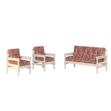 Imagem de Sofá 3 lugares e 2 poltronas madeira maciça com almofadas branco - Nem