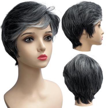 Imagem de Peruca curta grisalho com franja branca unissex orgânica