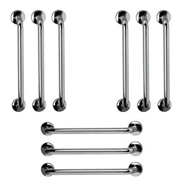 Imagem de Barra de Apoio 60cm Aço Inox Kit 9 Unidades Banheiro Box Suporte Idoso Deficiente Cadeirante Segurança Corrimao Escada Acessibilidade
