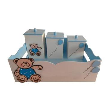 Imagem de Kit Higiene Bebê MDF 4 Peças Cesta Organizadora Ursinho Azul - Canaã A