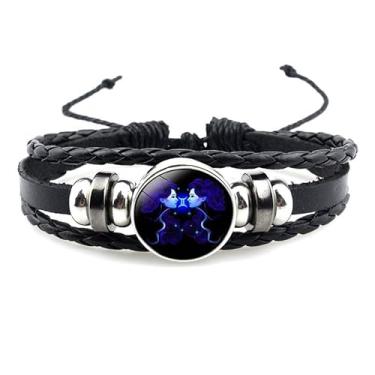 Imagem de ANGLEQUEEN Pulseira de constelação do zodíaco, 12 constelações, signos do zodíaco, guardião, pulseira de couro preto fluorescente para mulheres e homens joias, adjustable, Liga metálica, Sem Pedra