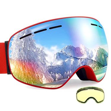 Imagem de Dizokizo Óculos de esqui, lentes esféricas intercambiáveis para esqui, snowboard, antiembaçamento, 100% de proteção UV, espumas triplas respiráveis para mulheres e homens, REVO vermelho