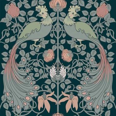 Imagem de Livelynine Papel de parede verde escuro William Morris Peel and Stick Vintage Phoenix Bird Papel de parede de vinil removível 43,5 x 192,5 cm