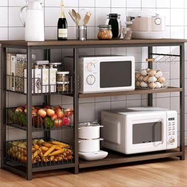 Imagem de Prateleira de metal para cozinha com mesa de madeira - suporte de micro-ondas e organizador para armazenamento eficiente da ilha da cozinha, B, 100 cm