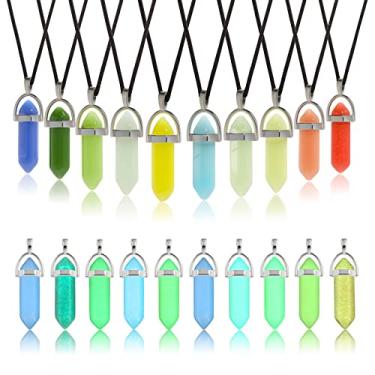 Imagem de TXIN Colares com pingente de cristal que brilha no escuro, pedra de quartzo natural luminosa, pedra hexagonal fluorescente, pedra da lua brilhante com corrente de couro preto, 10 cores