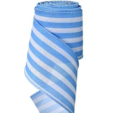 Imagem de TONIFUL Fita de borda com fio de 6,35 cm, fita com fio de juta de listras azuis e brancas, fita de fio de primavera de verão, para embrulho de presente, fabricação de arcos de guirlanda, artesanato de decoração de casa, decoração de páscoa (azul, 6 jardas)
