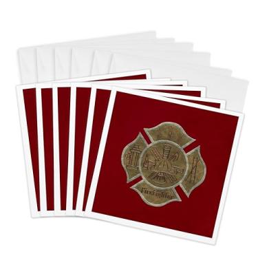 Imagem de 3dRose Cartões comemorativos - Imagem de design de emblema de bombeiro, aparência de fita cinza em vermelho ou marrom - 15,24 x 15,24 cm, conjunto de 6 (gc_308923_1)