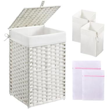 Imagem de Greenstell Cesto de roupa com tampa, cesto de roupa de 60 L com 2 sacos de forro removíveis e 2 sacos de malha, cesta de vime sintético tecido à mão, brinquedos no banheiro, quarto, branco