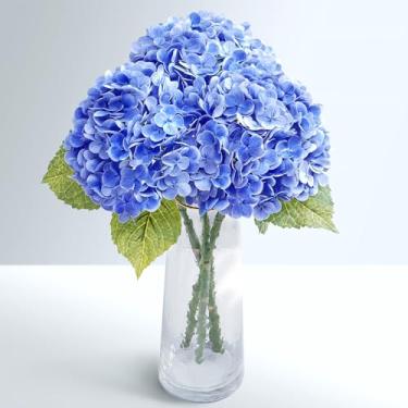 Imagem de Waipfaru Flores artificiais de hortênsia azul escuro de toque real de 53 cm com haste longa e folhas, flores de hortênsia sintética de látex completo para decoração de casa, festas, arranjos florais
