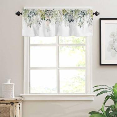 Imagem de Cortinas de plantas de primavera para janelas, folhas verdes de eucalipto, estilo aquarela, com bolso para varão, tratamentos de janela, cortinas curtas para cozinha, banheiro, sala de estar, 137 x 45