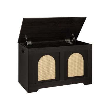 Imagem de DINZI LVJ Baú de armazenamento, caixa de brinquedos tipo rattan de 80 cm com 2 dobradiças de segurança, banco de armazenamento de entrada de madeira com flip-top, porta-malas de armazenamento para