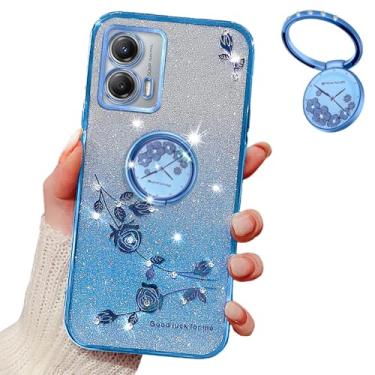 Imagem de MRRSIWEI Capa para Motorola Moto Edge 50 Fusion para mulheres e meninas, luxuosa capa à prova de choque com glitter e flores brilhantes com suporte de anel para Moto Edge 50 Fusion. Flores azuis