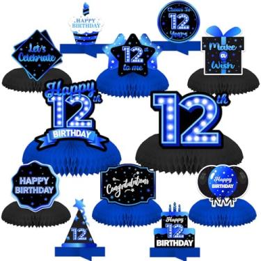 Imagem de Feliz aniversário de 12 anos de mesa azul e preto centros de mesa balões tema decoração decoração de mesa topos de mesa para meninas mulheres princesa 12 anos de idade aniversário festa aniversário