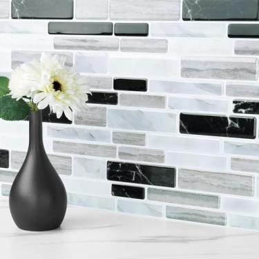 Imagem de FunStick 15 peças de azulejos brancos e cinzentos para azulejos de parede de cozinha e banheiro 30,5 x 30,5 cm, adesivo de mármore nas costas, salpicos nas costas, para cozinha, azulejos, adesivos de
