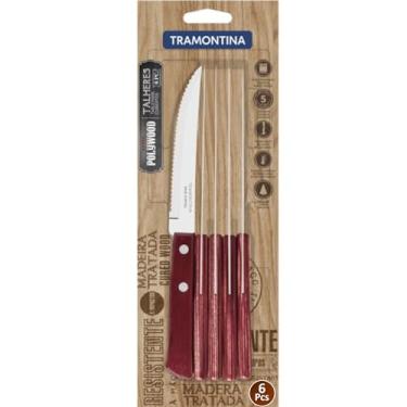 Imagem de Conjunto De Facas Para Churrasco Tramontina Com Lâminas Em Aço Inox E Cabos Em Madeira Tratada Polywood Vermelho 6 Peças