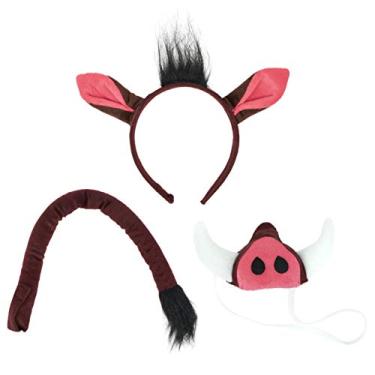 Imagem de Conjunto de acessórios para fantasia Warthog Headband Ears, Snout e Tail – Para adultos e crianças