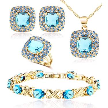 Imagem de Conjunto de joias para mulheres, colar de strass de zircônia cúbica, clipes de anel, conjunto de pulseiras, brincos e pulseiras, presente de noivado para esposa, namorada, melhor amiga, 4.6x3.5 x1.3 inches, Platina Ouro rosa Ouro amarelo, Zircônia cúbica