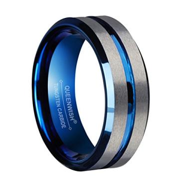 Imagem de QUEENWISH Anel de tungstênio de 8 mm para homens e mulheres anel de casamento masculino com sulco de prata azul, bordas chanfradas, tamanho 5 a 14, Metal, Sem pedra preciosa