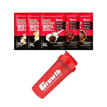 Imagem de Combo - Whey Protein Concentrado 30g em Sachê, 5un (sabores variados) e Coqueteleira Vermelha (único, Chocolate, beijinho, cookies and cream, mousse de maracujá e milkshake de chocolate)
