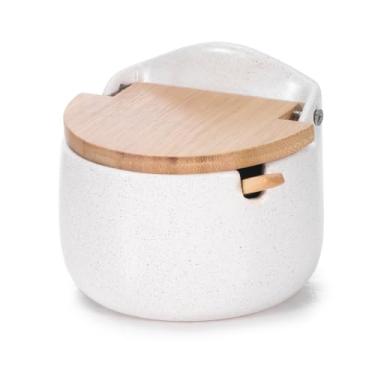 Imagem de Saleiro Açucareiro Porta Sal Cerâmica Com Tampa E Colher De Bambu Saleira Grano De Mesa Cozinha (Branco)