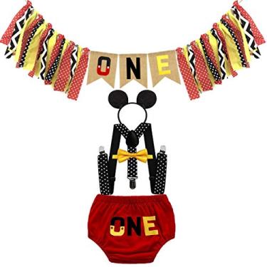 Imagem de HIHCBF Roupas de festa de primeiro aniversário para bebês meninos, fantasia de esmagamento de bolo, faixa para cadeira alta, faixa ONE Bloomers, suspensórios, gravata borboleta vermelha 6-12 meses