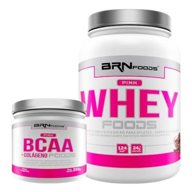 Imagem de KIT Pink Whey Protein Foods 900g + BCAA c/Collagen 250g Tangerina - BRN Foods (Médio, Chocolate)