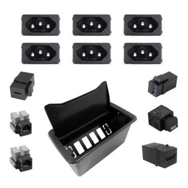 Imagem de Caixa Embutir Mesa Móveis Slim Completa Tomada Usb Hdmi Rj45 - Qtmov
