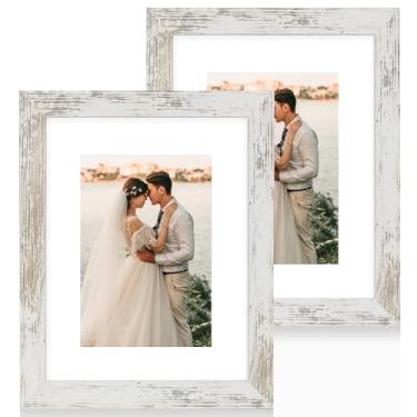 Imagem de iRahmen Conjunto de 2 porta-retratos de 20 x 25 cm com vidro HD, molduras de madeira branca envelhecida exibindo fotos 13 x 17 com tapete ou 20 x 25 sem tapete para montagem horizontal ou vertical em