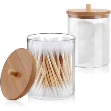 Imagem de Kit de 2 Potes Organizador em Acrílico com Tampa de Bambu Ideal para Cotonetes e Algodão