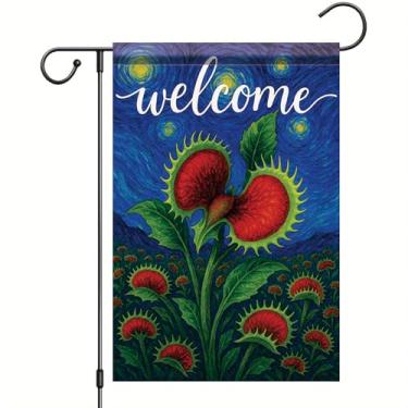 Imagem de Starlit Patio Welcome Van Gogh Bandeira de jardim céu estrelado Vênus Flytrap flor floral bandeira de quintal 30,5 x 45,7 cm decoração externa dupla face para primavera verão varanda gramado decoração