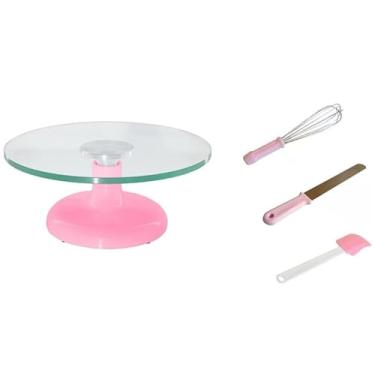 Imagem de Bailarina Giratória De Vidro P/Confeitar Rosa + Espátulas Lisa + Espátula PVC + Batedor de Bolos