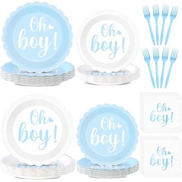 Imagem de 96PCS Oh Boy Baby Shower Decorations Blue Foil Scalloped Paper Plates Napkins Oh Boy Tableware Party Supplies Blue Baby Shower Dinnerware for Gender Reveal Birthday Welcome Party Favors