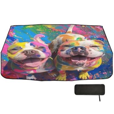 Imagem de Cachorro manchado com guarda-chuva de tinta colorida sombra de carro pára-brisa frontal cobertura completa sombra da janela do carro 147 x 75 cm acessórios de resfriamento de carro