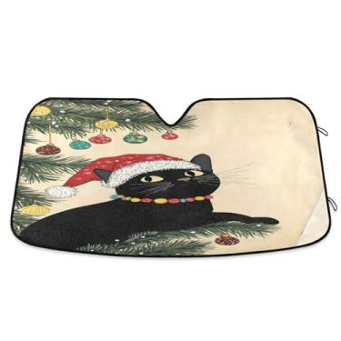 Imagem de Chapéu de Papai Noel de gato preto festivo capa de para-brisa bloqueia raios UV janela frontal de carro para-sol para a maioria dos sedãs SUV caminhão pequeno