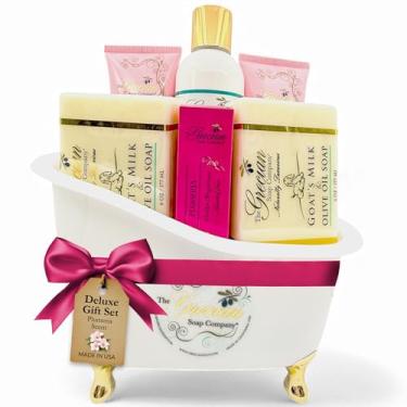 Imagem de The Grecian Soap Company Conjunto De Presente Para Banheira Luxo, 6 Peças Leite Cabra E Azeite Oliva, Presentes Spa, Chá Panela A Mãe, Aroma Plumeria Aniversário, As Mãos
