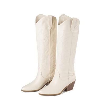 Imagem de ZXHYZLZ Botas De Cowboy Creme Para Mulheres - Largas Até O Joelho, Bico Fino, Salto Grosso, Estilo Country, Tamanho 9, Shows E Festas