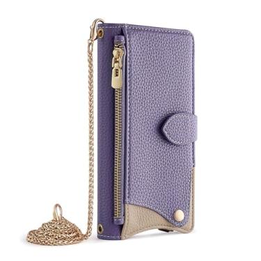 Imagem de LYJSMGZ Capa de couro transversal para iPhone 16E, corrente de metal longa elegante carteira flip fólio capa de telefone TPU macio à prova de choque capa interna, roxo, 16E
