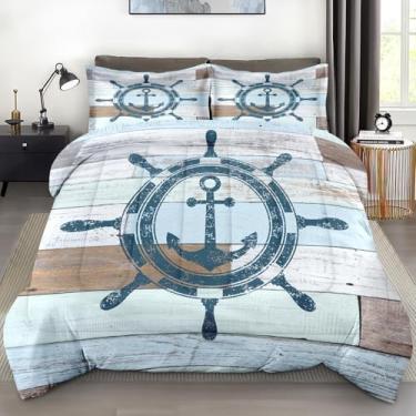 Imagem de Pamnest Conjunto de edredom solteiro, âncora de roda vintage, 2 peças, conjunto de cama macio para crianças e adultos, retrô, azul marinho, com fronha, para decoração de cama de quarto