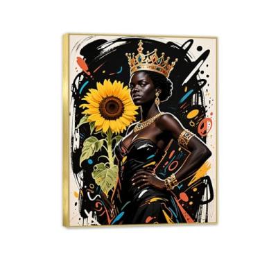 Imagem de Impressão de pôsteres de retrato de mulher negra africana dourada girassol pintura abstrata em tela de menina negra para decoração de sala de estar moldura de 40 x 30 cm (16 x 12 pol.)