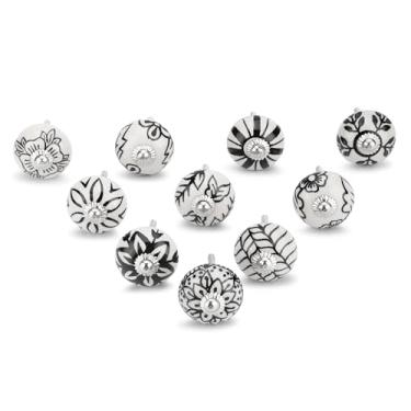 Imagem de Ajuny Puxadores de cerâmica pintados à mão puxadores de porta e móveis de armário de cozinha puxadores de acabamento brilhante puxador floral (branco e preto, conjunto de 10)