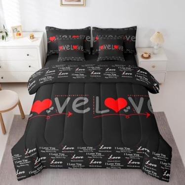 Imagem de Erosebridal Conjunto de edredom King Size Love Bed in a Bag, 7 peças, corações vermelhos amorosos, conjunto de cama romântico para o dia dos namorados, presentes para ele, presentes de casal para ele