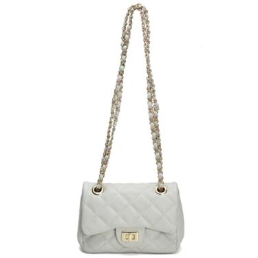 Imagem de Bolsa Cosenza Feminina Mini Bag, Couro Legítimo Matelassê, Alça Corrente (Branco C/Dourado)