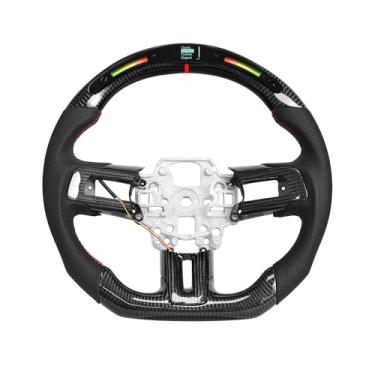 Imagem de EASSAFEX Volante De Fibra Carbono Para Mustang Ecoboost/Gt/Shelby Gt350/Gt350R 2018-2021, Indicador Mudança Marcha Em Led, Display Corrida, Manopla Couro Perfurada Com Fundo Plano Formato D E Acabam