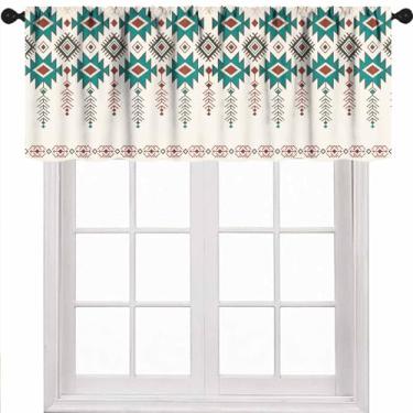 Imagem de Cortinas de saia asteca ocidental, padrão abstrato do sudoeste, geométrico, vintage, verde, vermelho, asteca, cortinas de tratamento de janela pequena para quarto, sala de estar, cozinha, 1 peça, 137