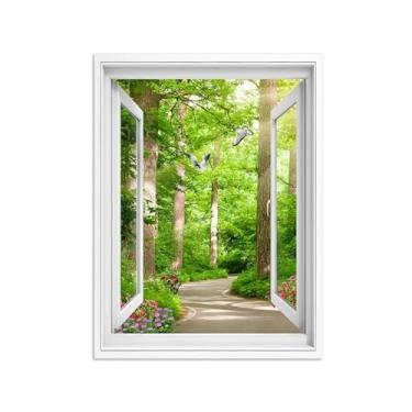 Imagem de Quadro de Parede Janela Falsa-Paisagens Impressões em Tela-Floresta Árvore Path-Natureza Pinturas Decoração 60x80cm-23x31in Sem Moldura