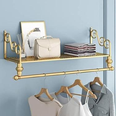 Imagem de Trilho De Roupas Montado Na Parede Com Prateleira Estrutura De Ferro Dourado Preto E Branco, Rack De Armazenamento Multifuncional Trilho De Roupas Montado Na Parede Com Economia D, Gold, 80 cm