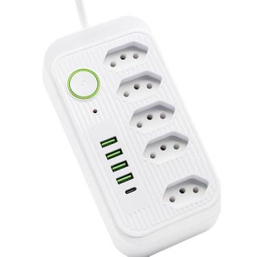 Imagem de Filtro de Linha Extensão 5 Tomadas 10A com 4 USB e 1 Tipo-C, Cabo 2m, Bivolt 110-220V, Potência 2500W - Branco Premium