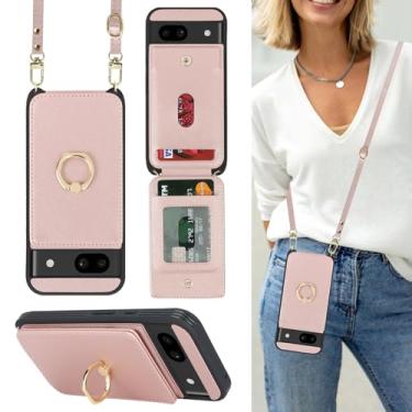 Imagem de Lipvina Capa para Google Pixel 8A com suporte de cartão e alça para mulheres, cordão transversal, suporte de anel, fecho de pressão, capas carteira de telefone 6,1 polegadas (ouro rosa)