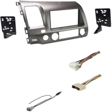 Imagem de Kit de painel de instalação estéreo de carro cinza, chicote de fios e adaptador de antena de rádio AM/FM para instalar um rádio de reposição - Feito para Honda Civic 2006-2011 - (não compatível com