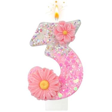 Imagem de Velas de aniversário de flores, velas numéricas para topo de bolo, vela número 3, adequadas para decorações de aniversário rosa, enfeites de cupcake, decoração de aniversário, aniversário de casamento